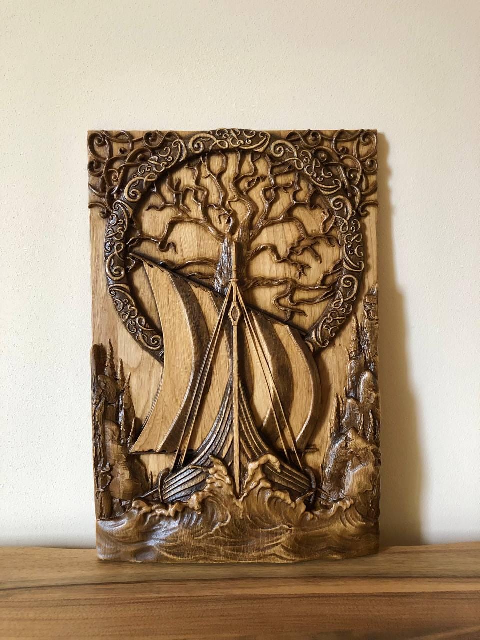 Wooden carved picture Oak Scandinavion Viking
