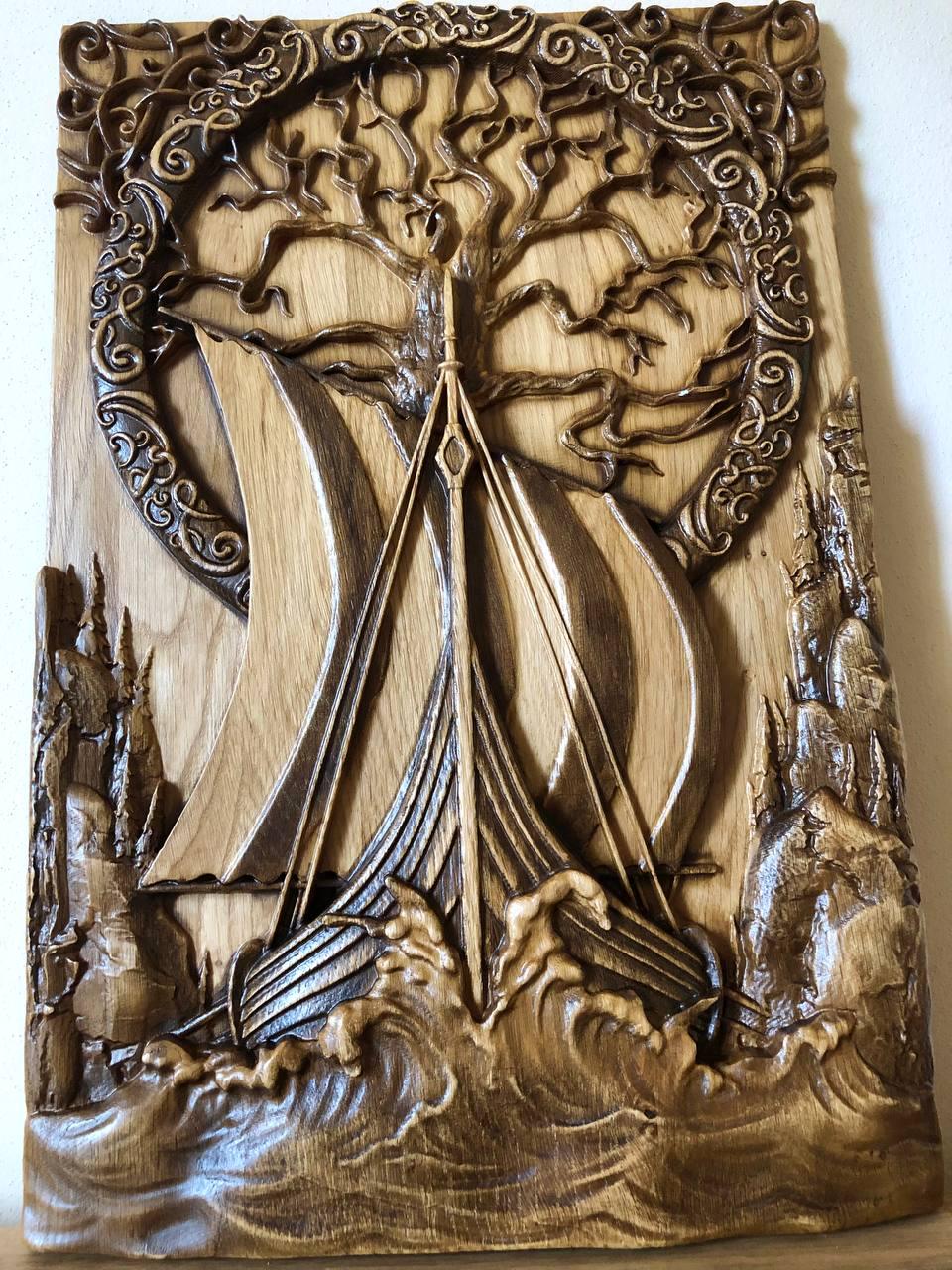 Wooden carved picture Oak Scandinavion Viking