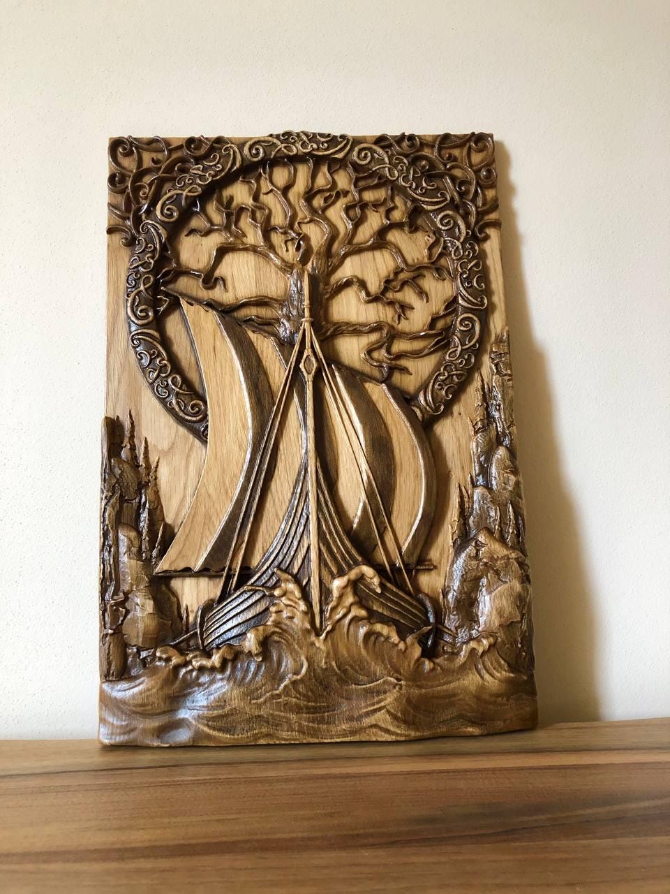 Wooden carved picture Oak Scandinavion Viking