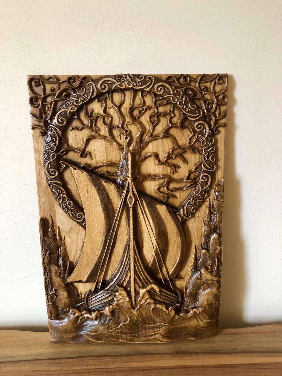 Wooden carved picture Oak Scandinavion Viking