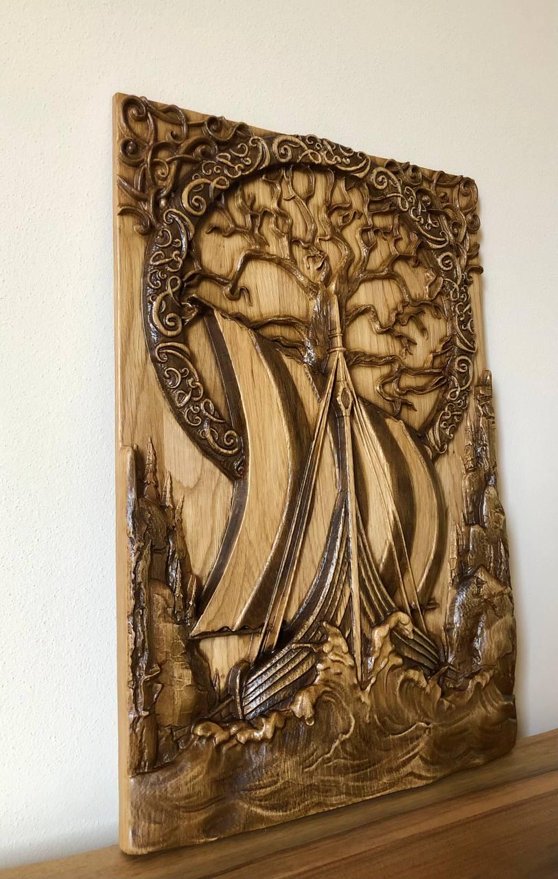 Wooden carved picture Oak Scandinavion Viking