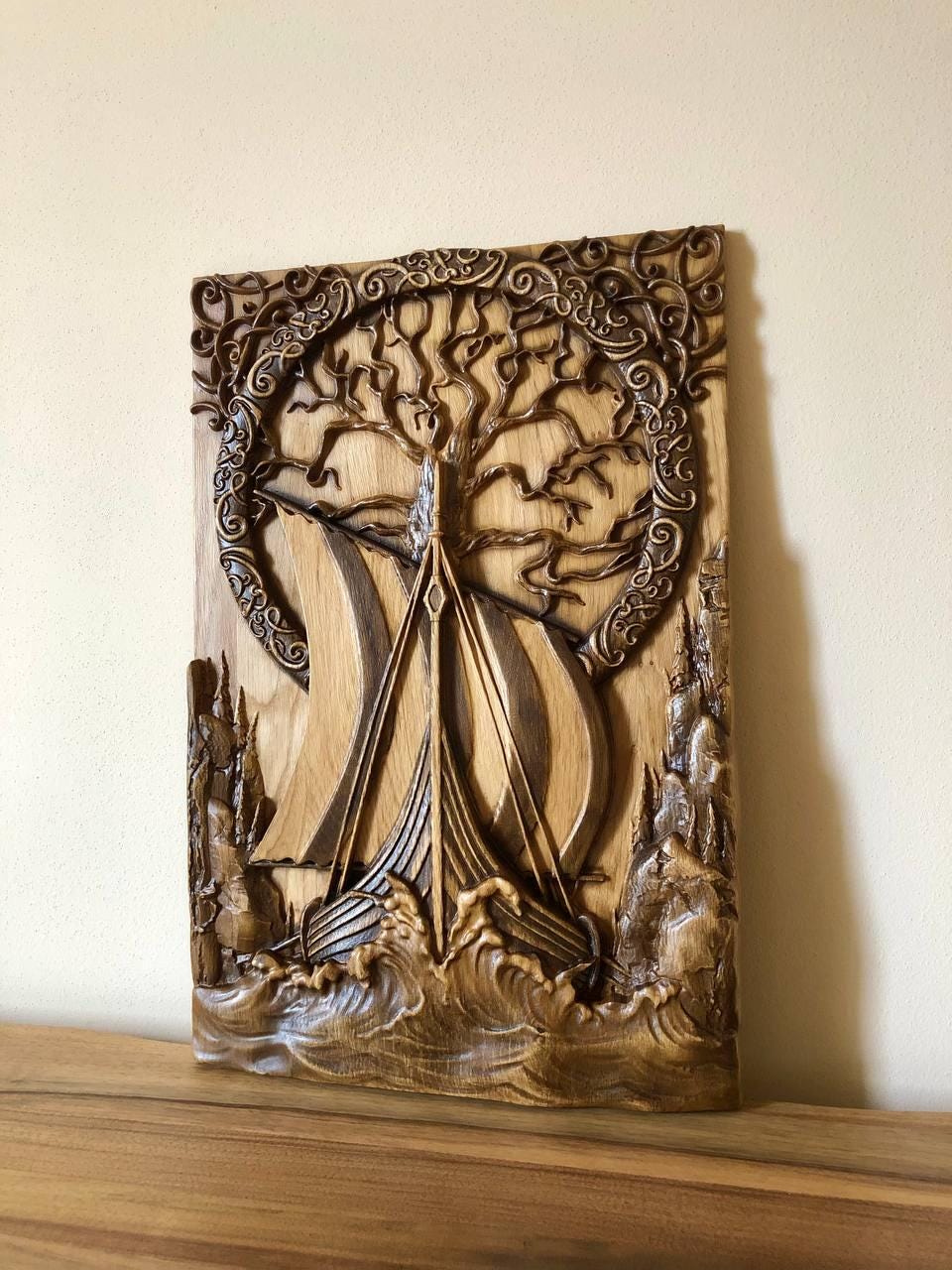 Wooden carved picture Oak Scandinavion Viking