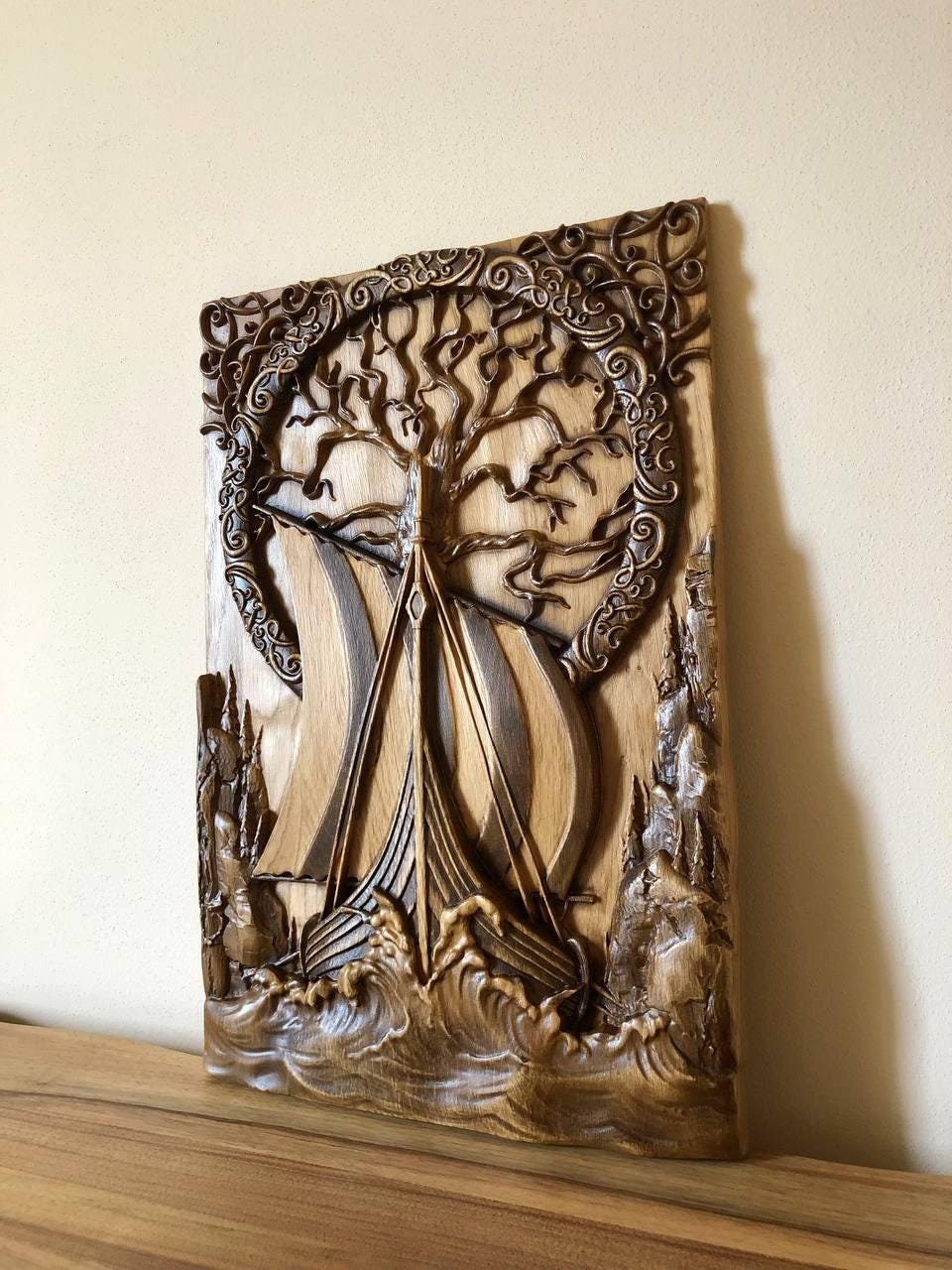 Wooden carved picture Oak Scandinavion Viking