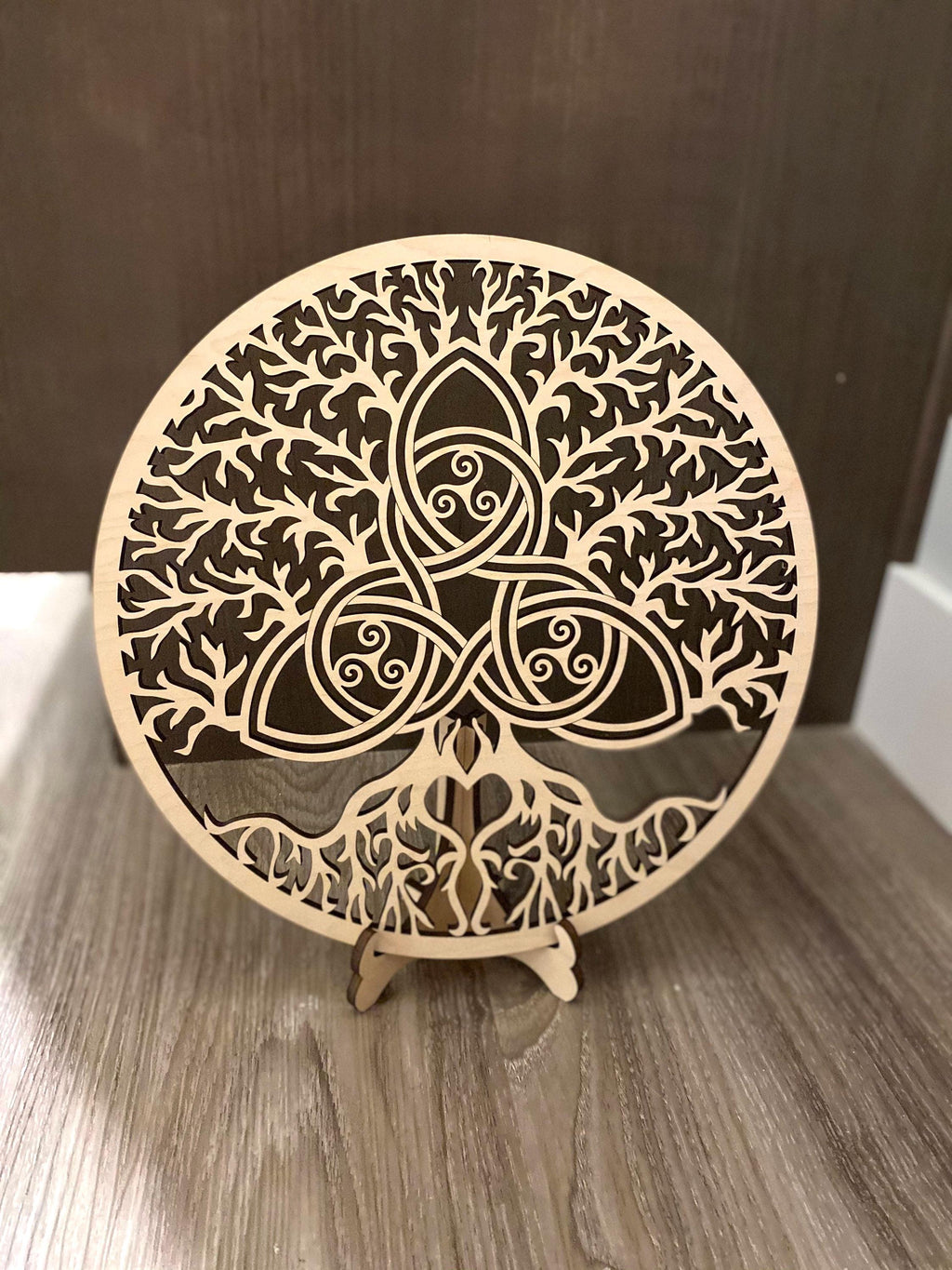 Tree of life with Celtic knot wooden round display